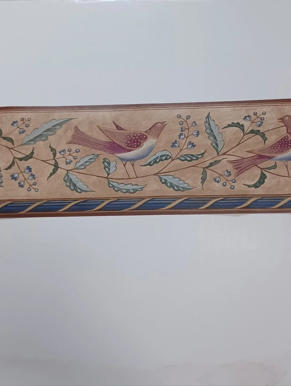 Wallpaper Border Folk Bird & Berries  in Tan and Blue